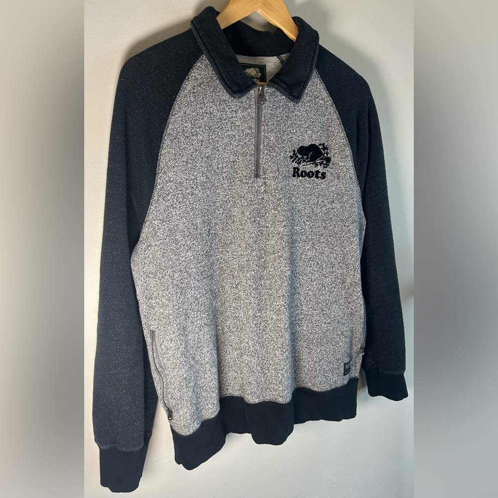 Roots Men's Black Grey 1/4 Zip Pullover Sweater Mens Size L Salt & Pepper Canada - Picture 2 of 11